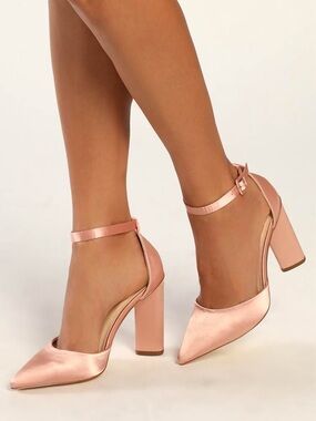 Lulus Syngo Rose Gold Satin Pointed-Toe Ankle Strap Pumps